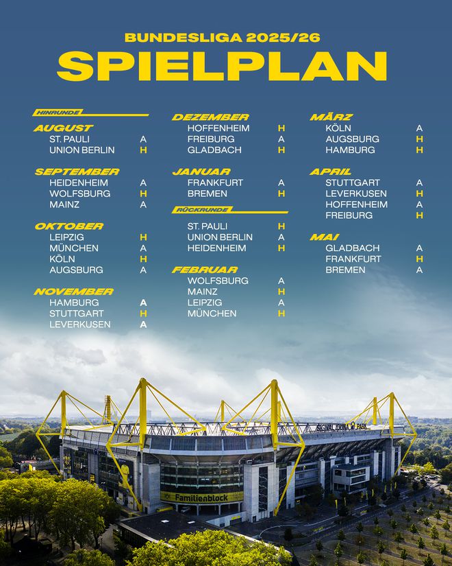 多特賽程：10月、2月拜仁戰(zhàn)，客場(chǎng)與主場(chǎng)對(duì)決