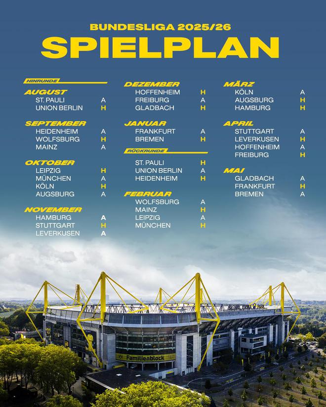 多特賽程：第7輪德比戰(zhàn)，第12輪客戰(zhàn)藥廠。