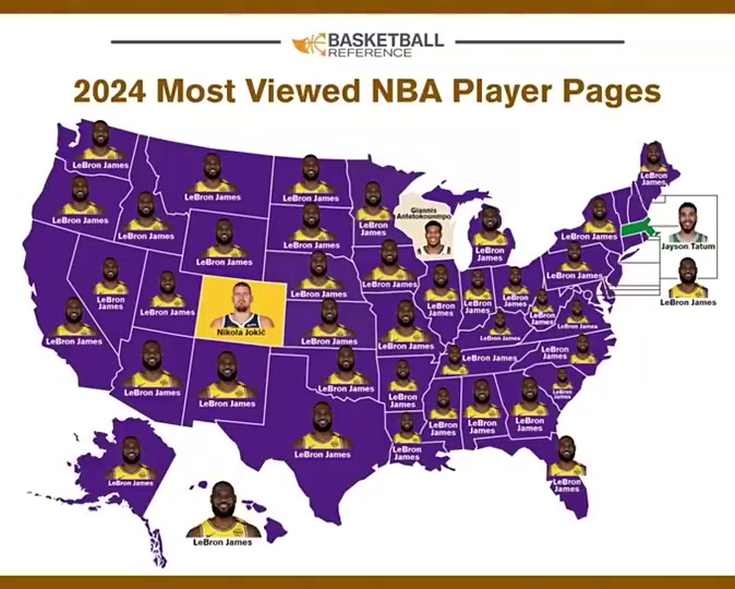 24年各州球員資料瀏覽次數(shù)最多球員全美只有三個州不是詹姆斯
