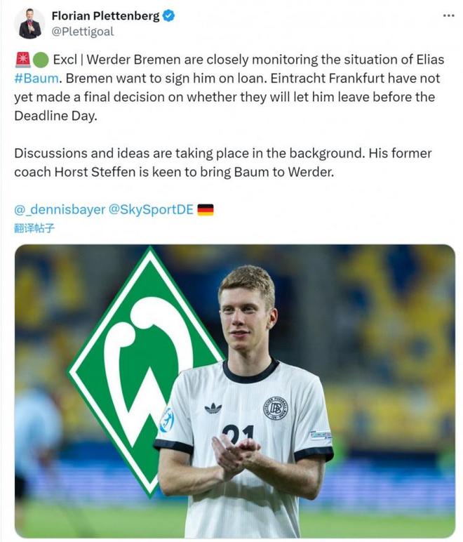 德天：不萊梅租借鮑姆，19歲右后衛(wèi)。