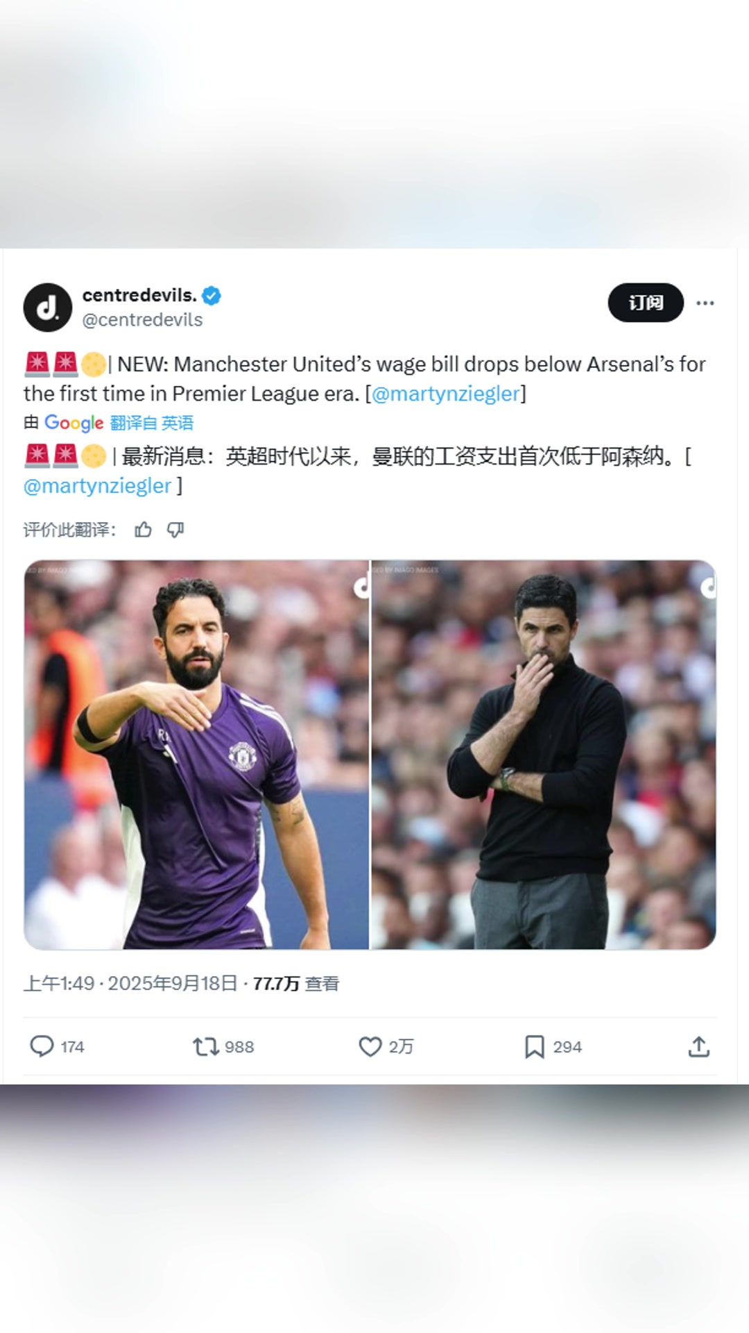 外媒自英超時(shí)代以來曼聯(lián)的工資支出首次低于阿森納