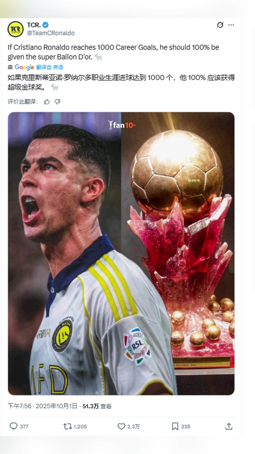 C羅粉絲博主如果C羅進球達到1千他應該獲得超級金球獎